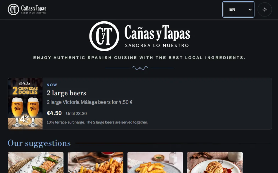 Cañas y Tapas digital menu showing navigation, promotions, and product categories.